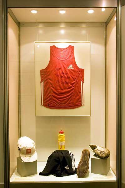 Berlin Sports Museum - Haile Gebrselassie's World marathon record kit is displayed, along with Hallas's shoes and Shahanga's cap (c)